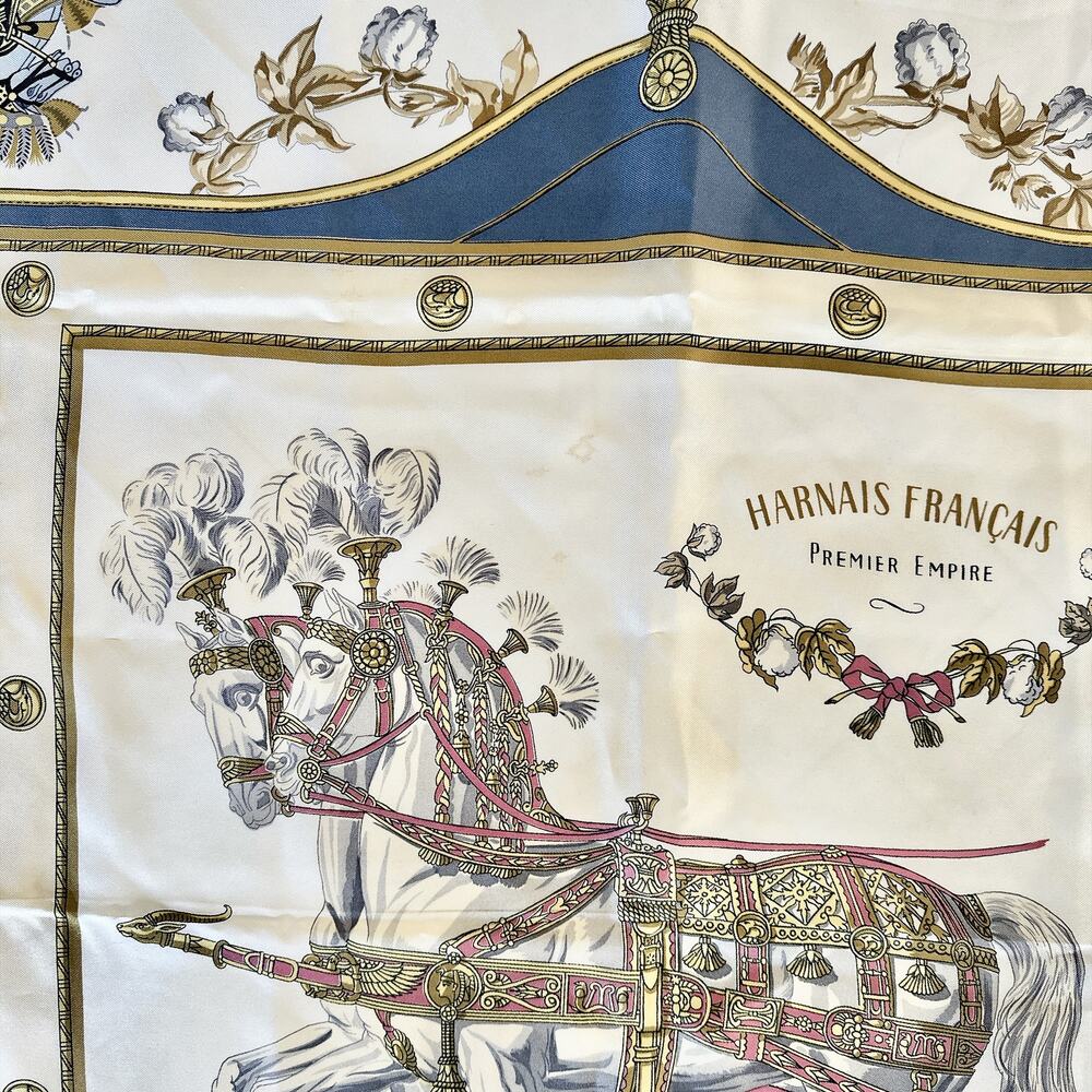 VINTAGE HERMES SCARF HARNAIS FRANCAIS BLUE 100% SILK - Picture 11 of 16